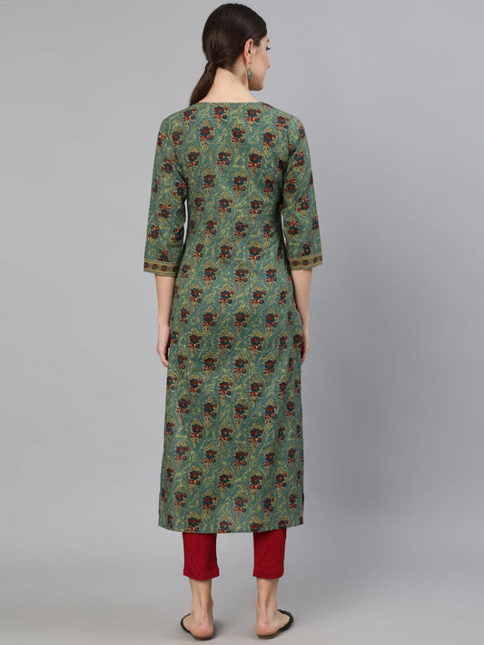 Women Blue Printed Straight Kurta With Three Quarter Sleeves