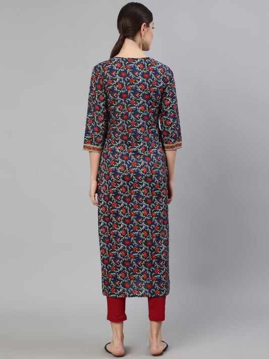 Women Blue Printed Straight Kurta With Three Quarter Sleeves