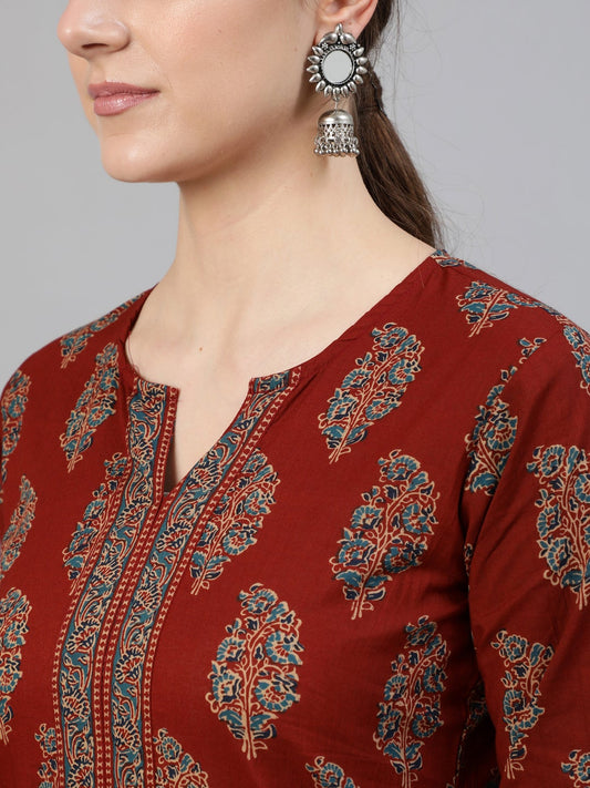 Women Maroon Printed Straight Kurta With Three Quarter Sleeves