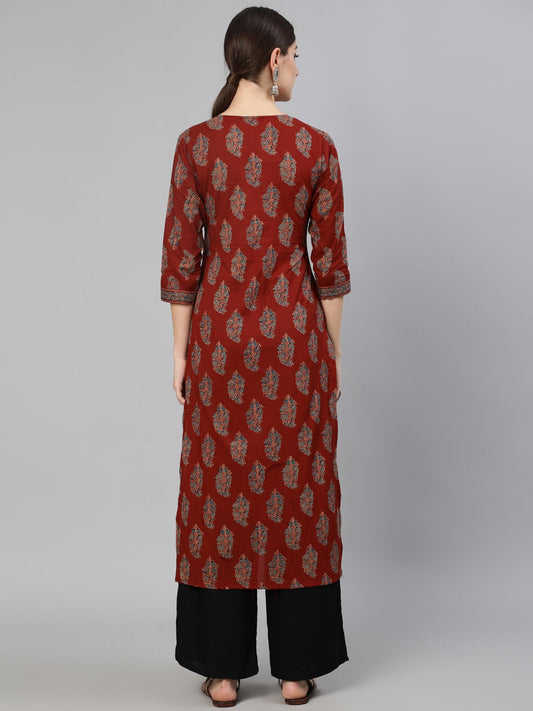 Women Maroon Printed Straight Kurta With Three Quarter Sleeves