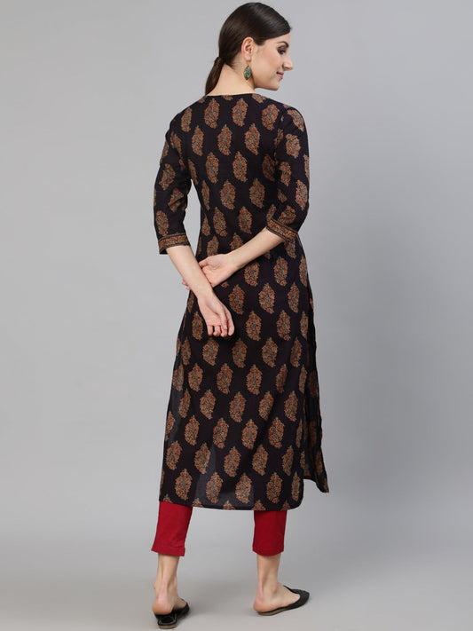 Women Black Ethnic Printed Straight Kurta With Three Quarter Sleeves