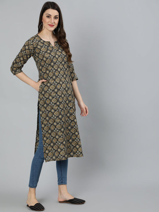 Women Black Abstract Printed Straight Kurta With Three Quarter Sleeves