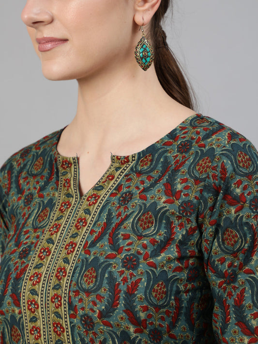 Women Blue Ethnic Motif Printed Straight Kurta With Three Quarter Sleeves