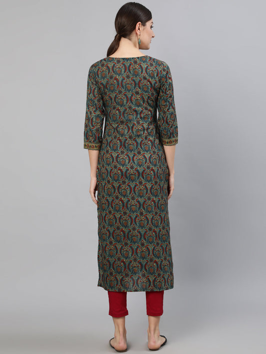 Women Blue Ethnic Motif Printed Straight Kurta With Three Quarter Sleeves