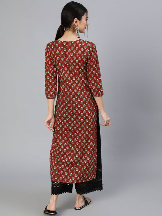 Women Maroon Ethnic Printed Straight Kurta With Three Quarter Sleeves