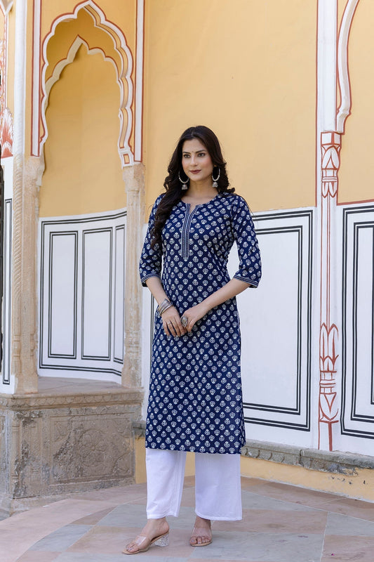 Women Navy Blue & White Ethnic Motifs Printed Thread Work Cotton Kurta