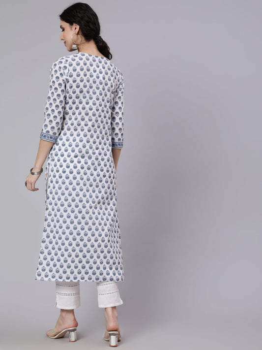 Women Off-White Printed Straight Kurta With Three Quarter Sleeves