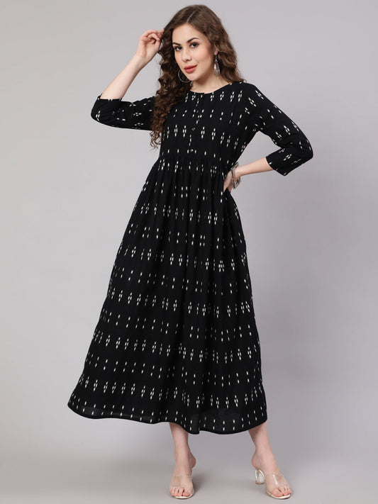 Women Black Ikat Printed Flared Dress With Three Quarter Sleeves