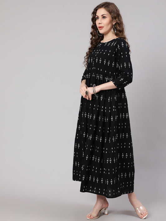 Women Black Ikat Printed Flared Dress With Three Quarter Sleeves