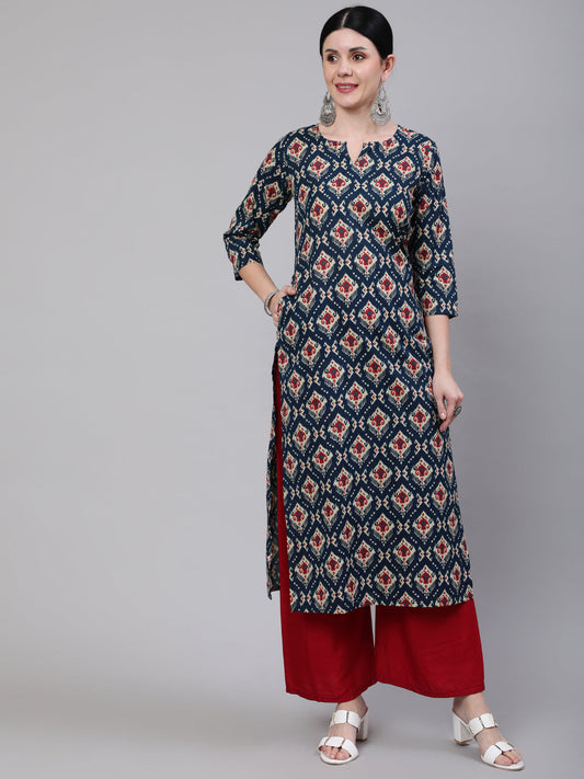 Women Blue Ethnic Printed Straight Kurta With Three Quarter Sleeves