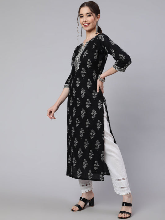 Women Black Printed Straight Kurta With Three Quarter Sleeves