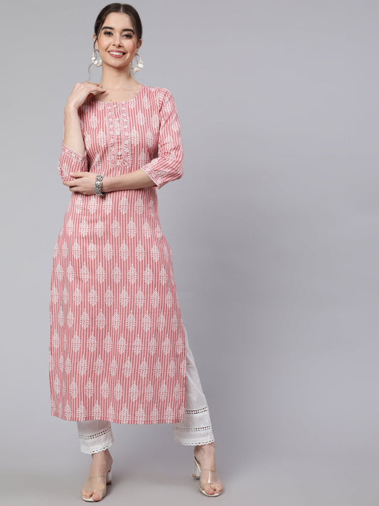 Women Pink Printed Straight Kurta With Three Quarter Sleeves