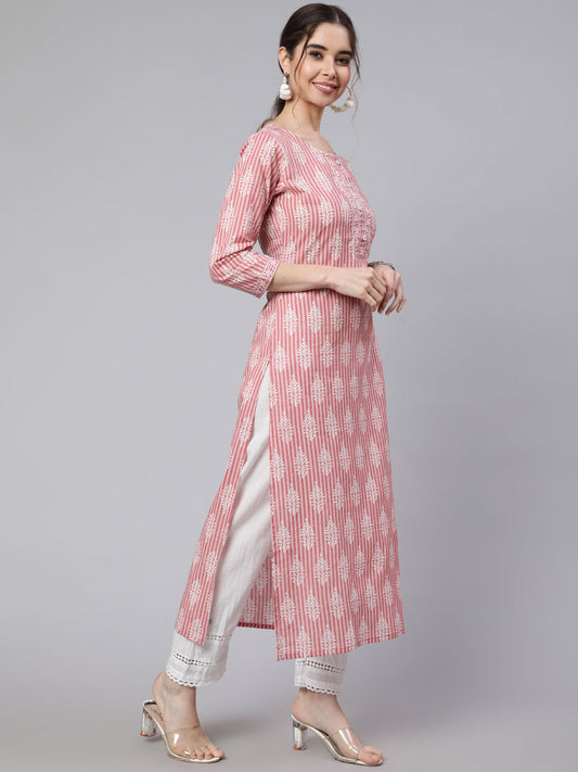 Women Pink Printed Straight Kurta With Three Quarter Sleeves