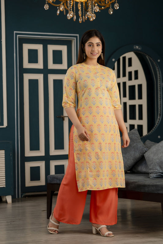 Women Yellow Straight Kurta With Three Quarter Sleeves