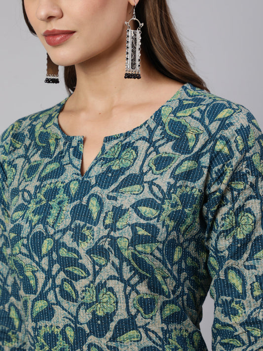 Women Teal Green Ethnic Printed Straight Kurta With Three Quarter Sleeves