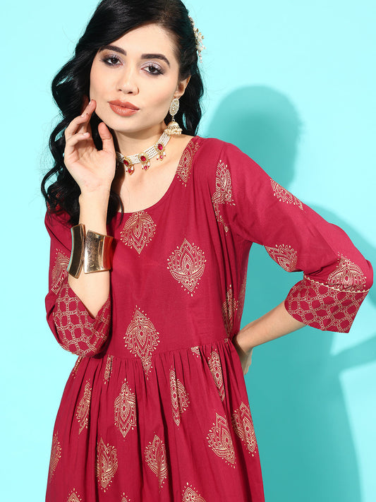 Women Maroon Ethnic Printed Flared Dress With Three Quarter Sleeves