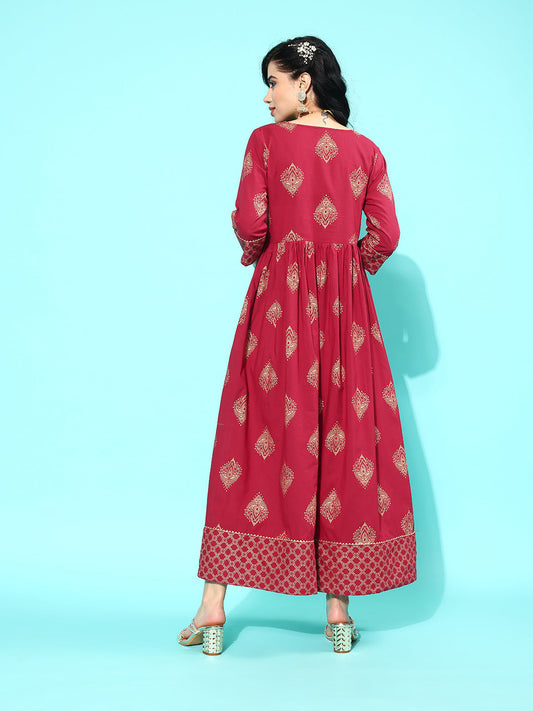 Women Maroon Ethnic Printed Flared Dress With Three Quarter Sleeves