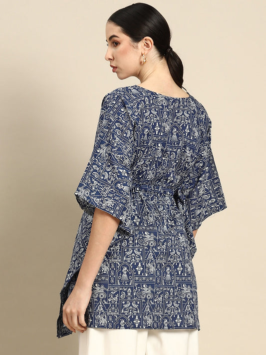 Women Navy Blue Printed Traight Kaftan Tunic