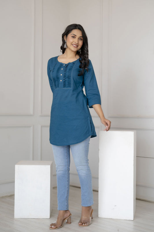 Women Teal Blue Straight Tunic With Three Quarter Sleeves