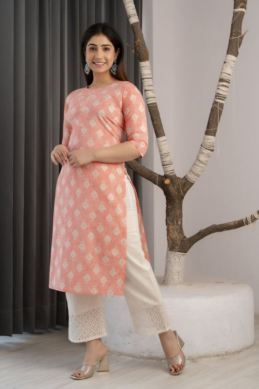 Women Peach Printed Straight Kurta With Three Quarter Sleeves