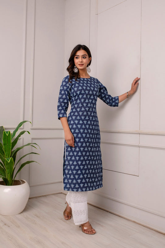 Women Blue Ethnic Printed Straight Kurta With Three Quarter Sleeves