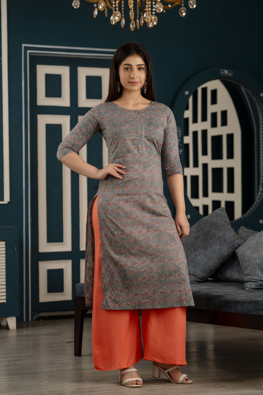 Women Grey Ethnic Printed Straight Kurta With Three Quarter Sleeves