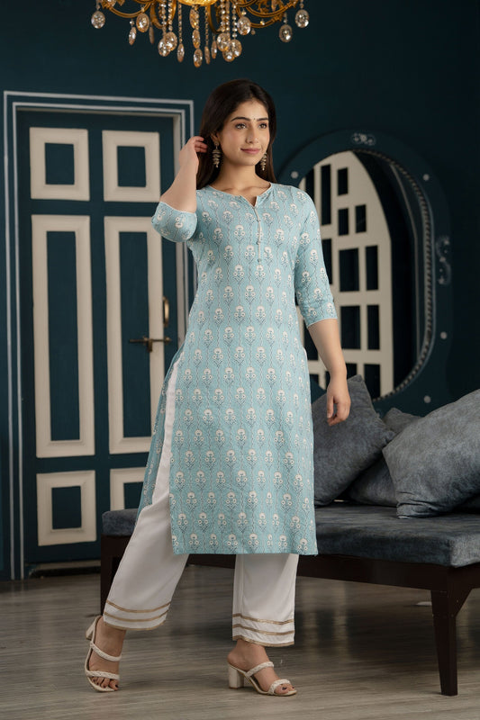 Women Blue Ethnic Printed Straight Kurta With Three Quarter Sleeves