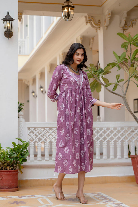 Women Purple Ethnic Printed Flared Dress