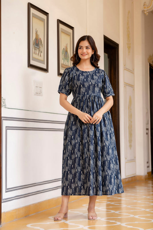 Women Navy Blue Printed Flared Dress