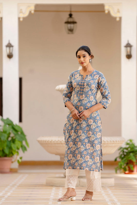 Women Blue Printed Straight Kurta With Three Quarter Sleeves