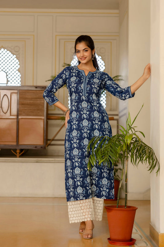 Women Blue Printed Straight Kurta With Three Quarter Sleeves