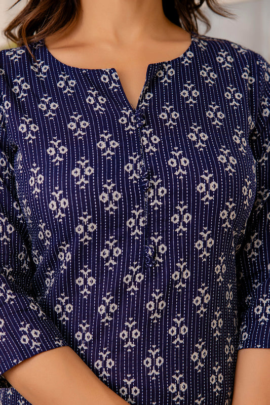 Women Navy Blue Printed Straight Kurta With Three Quarter Sleeves