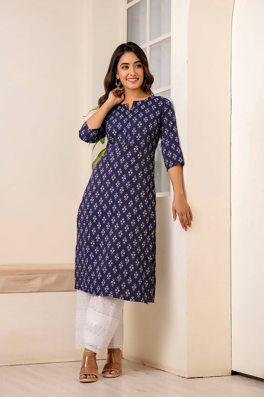 Women Navy Blue Printed Straight Kurta With Three Quarter Sleeves