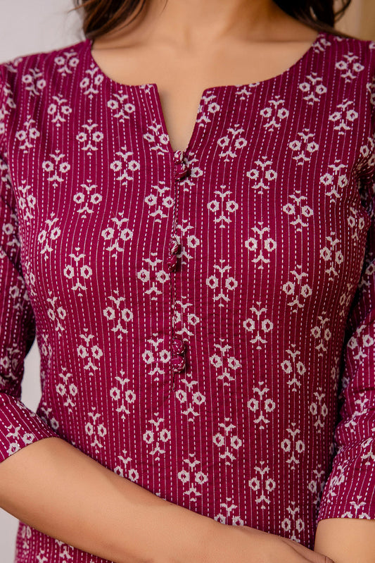 Women Burgundy Printed Straight Kurta With Three Quarter Sleeves