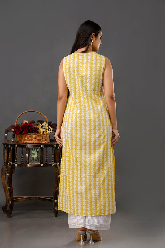 Yellow Printed Straight Kurta Sleeveless