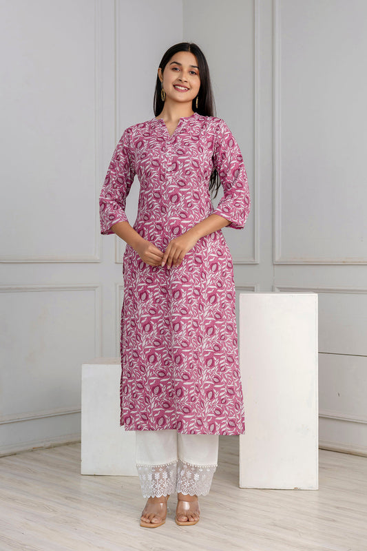 Mauve Printed Straight Kurta With Three Quarter Sleeves