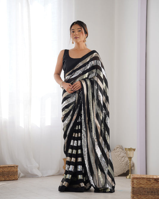 Solid Embroidered Striped Sequinned Saree For Women