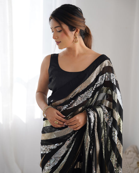 Solid Embroidered Striped Sequinned Saree For Women