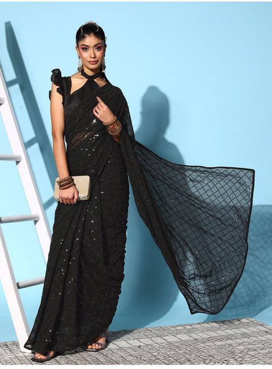 Solid Embellished Sequinned Pure Georgette Saree