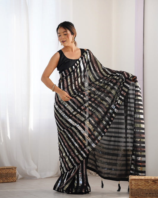 Black Striped Embellished Sequinned Pure Georgette Saree