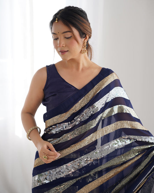 Solid Embroidered Striped Sequinned Saree For Women