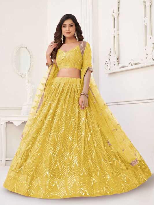 YELLOW COLOR NET FABRIC LEHENGA CHOLI