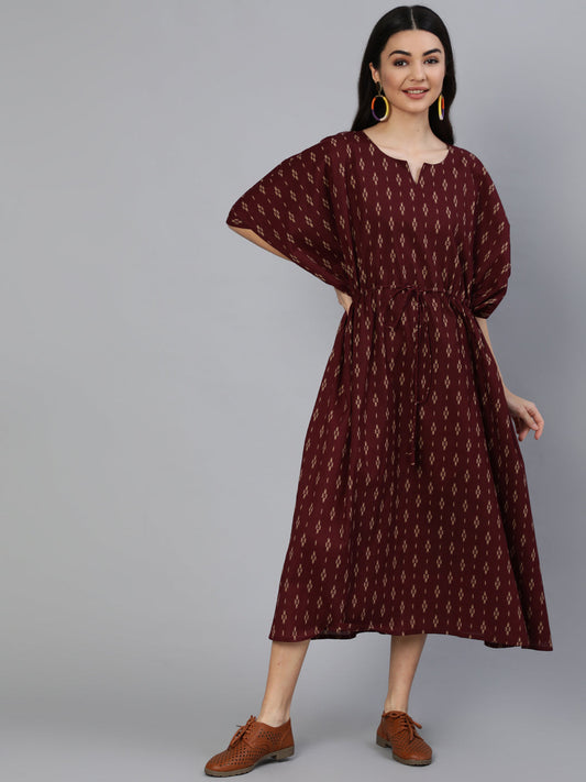 Women Burgundy Printed Kaftan Kurta