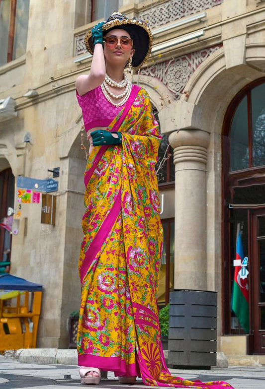 Mustard Printed Ethnic Sarees