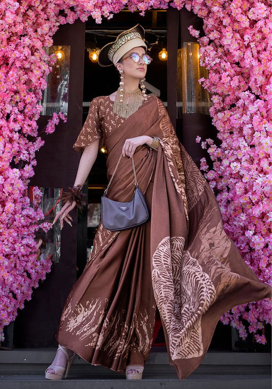 Brown Printed Ethnic Sarees