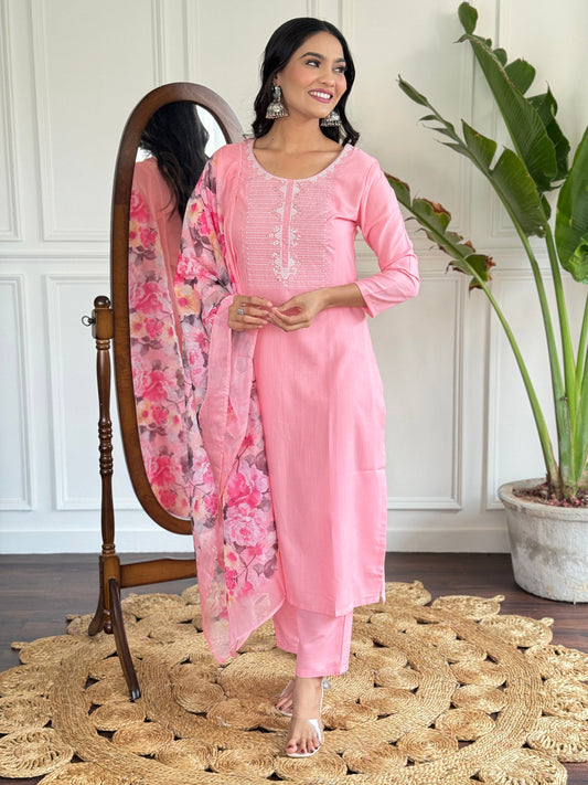 Pink Rayon Slub Fabric Straight Kurta, Pant and Dupatta Set