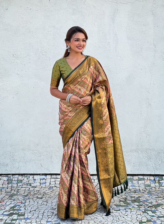 Green Color Dharmavaram Silk  Wevon Laheriya Meenakari Designer Traditional Heavy Rich Looks Saree