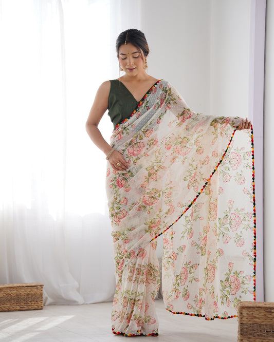 Digital Print With Beautiful Kutchi Work Mirror Lace Border Saree For Women