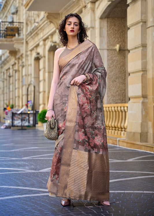 Dark brown floral print saree