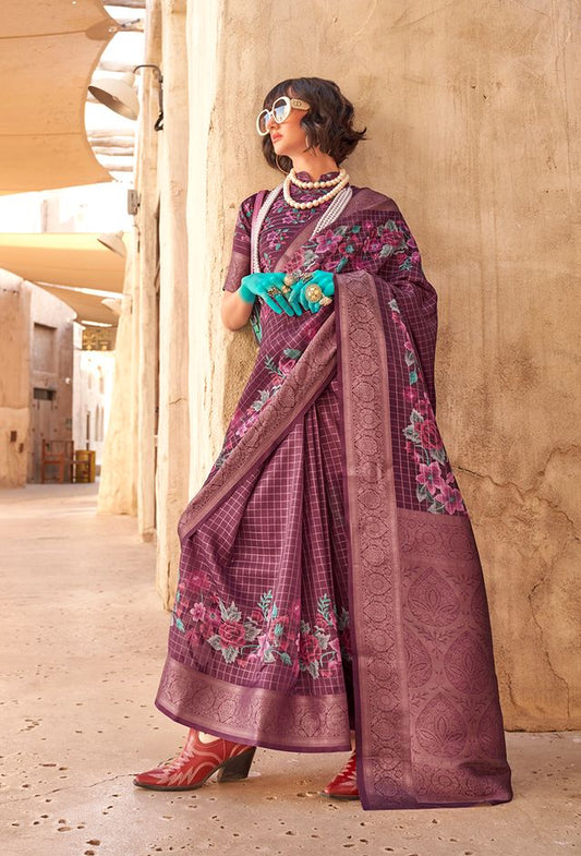 Burgundy weaving Print Ethnic Sarees